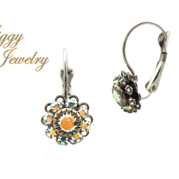 Austrian Crystal Cluster Earring , Crystal AB Drop Lever-Back Rhodium Finish - Picture 2 of 3